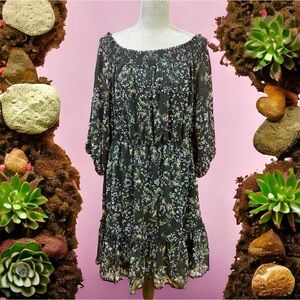 Soprano Black Floral Faux Chiffon Ruffle off the shoulder Dress Womens 2XL